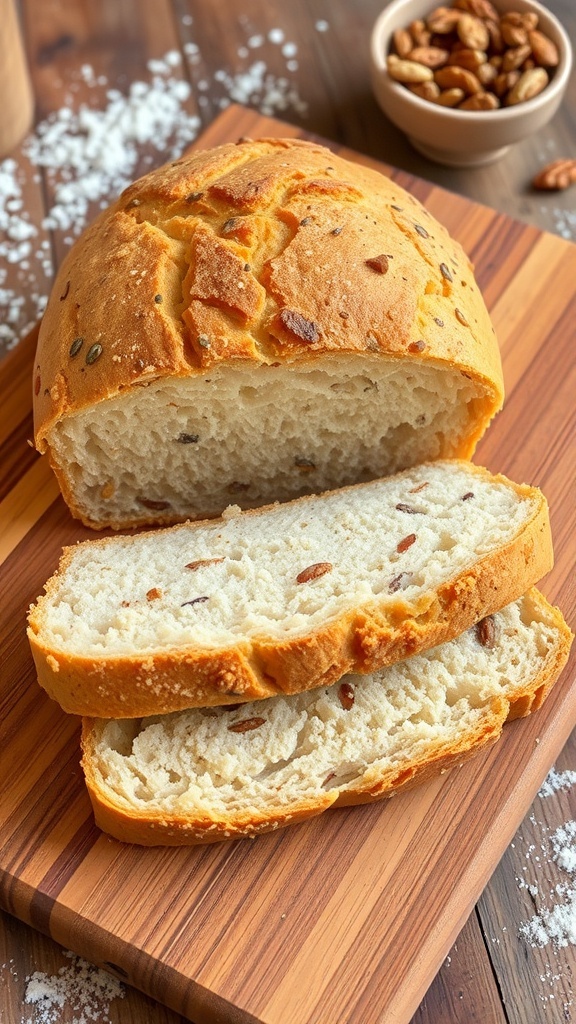 Homemade Yeast Bread with Inclusions A golden brown loaf of yeast bread with nuts and seeds, sliced on a wooden board.